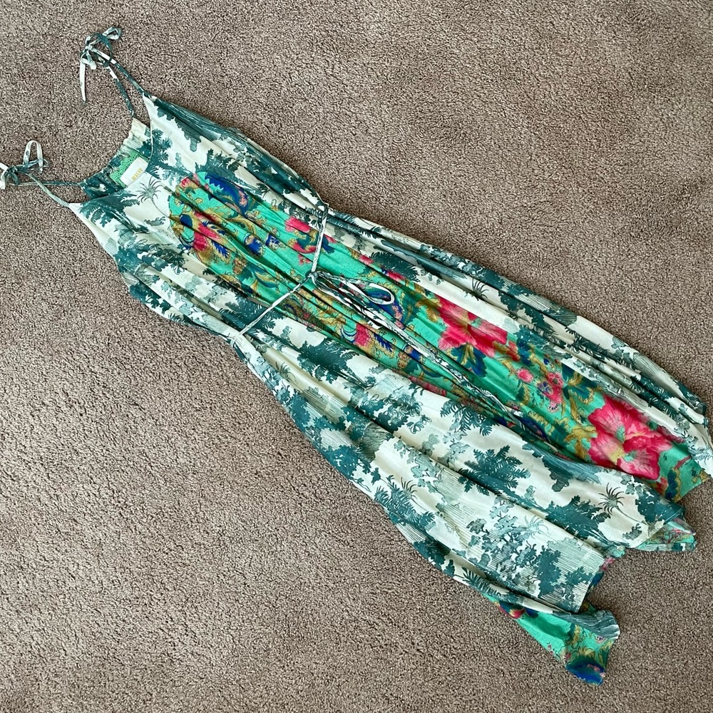 Anthropologie Teal and Pink Floral Midi Dress